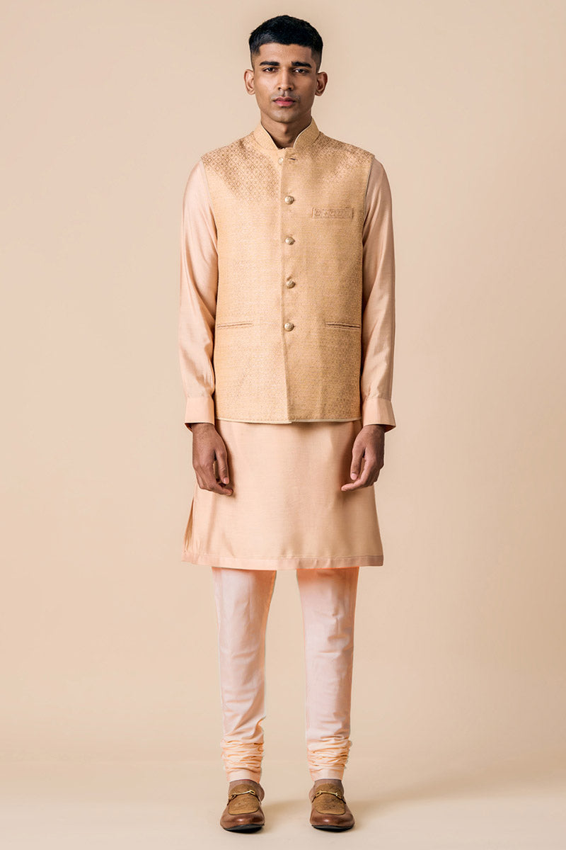 Peach Brocade Kurta Bundi Set