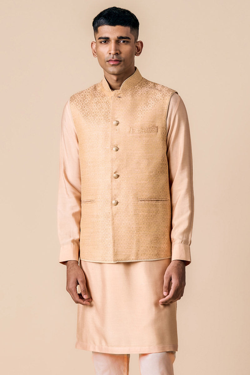 Peach Brocade Kurta Bundi Set