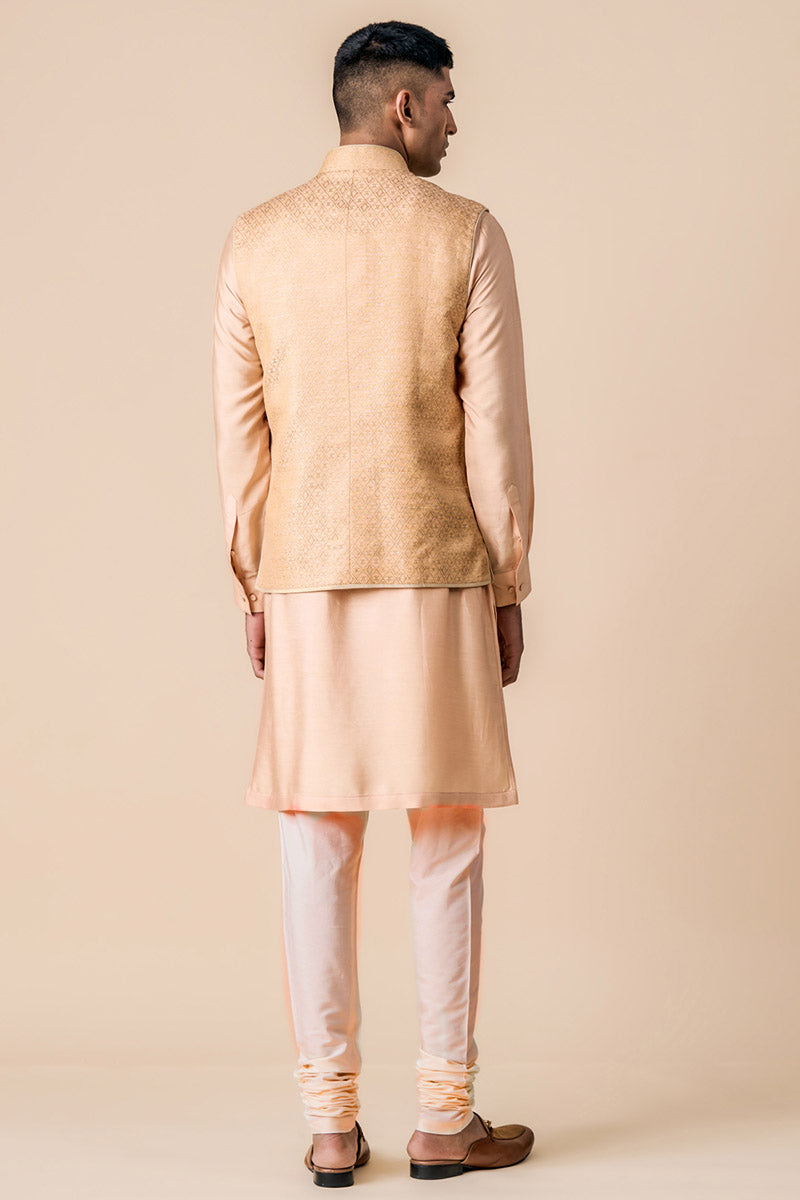 Peach Brocade Kurta Bundi Set