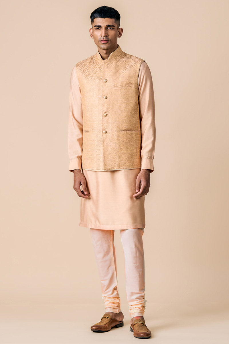 Peach Brocade Kurta Bundi Set