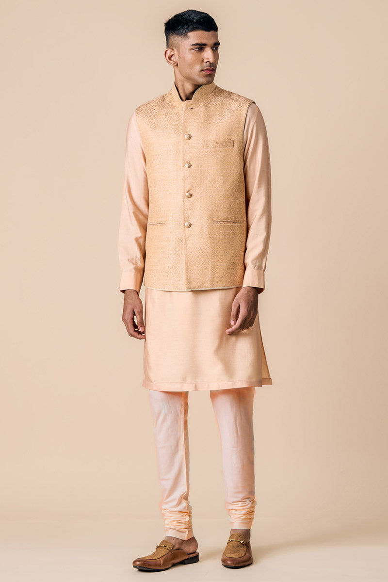 Peach Brocade Kurta Bundi Set