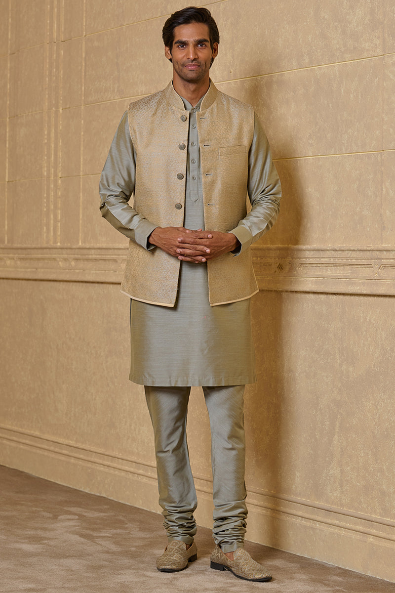 Light Green Brocade Kurta Bundi Set