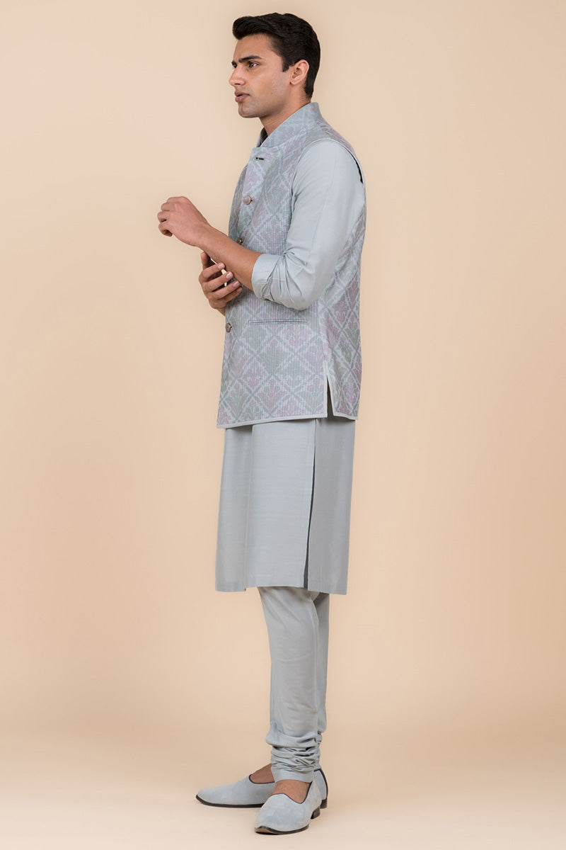 Light Blue Printed Kurta Bundi Set