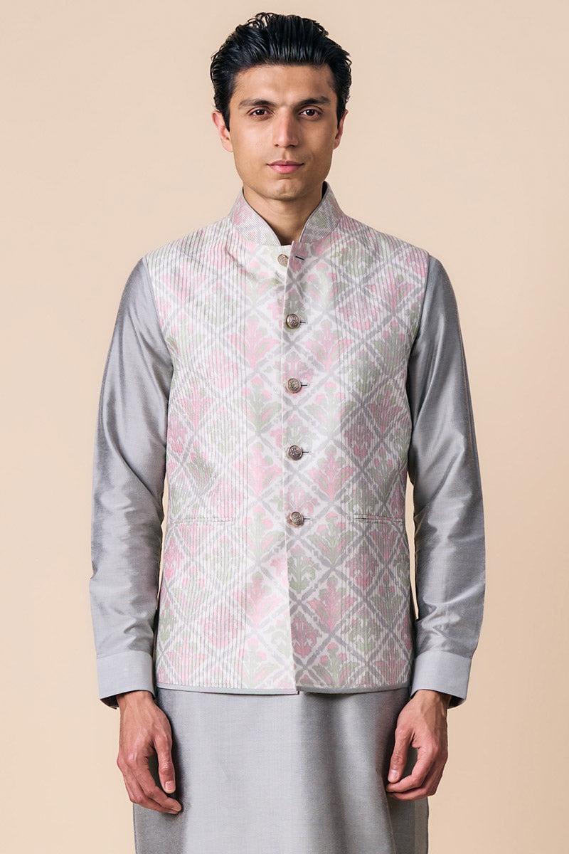 Grey Printed Kurta Bundi Set