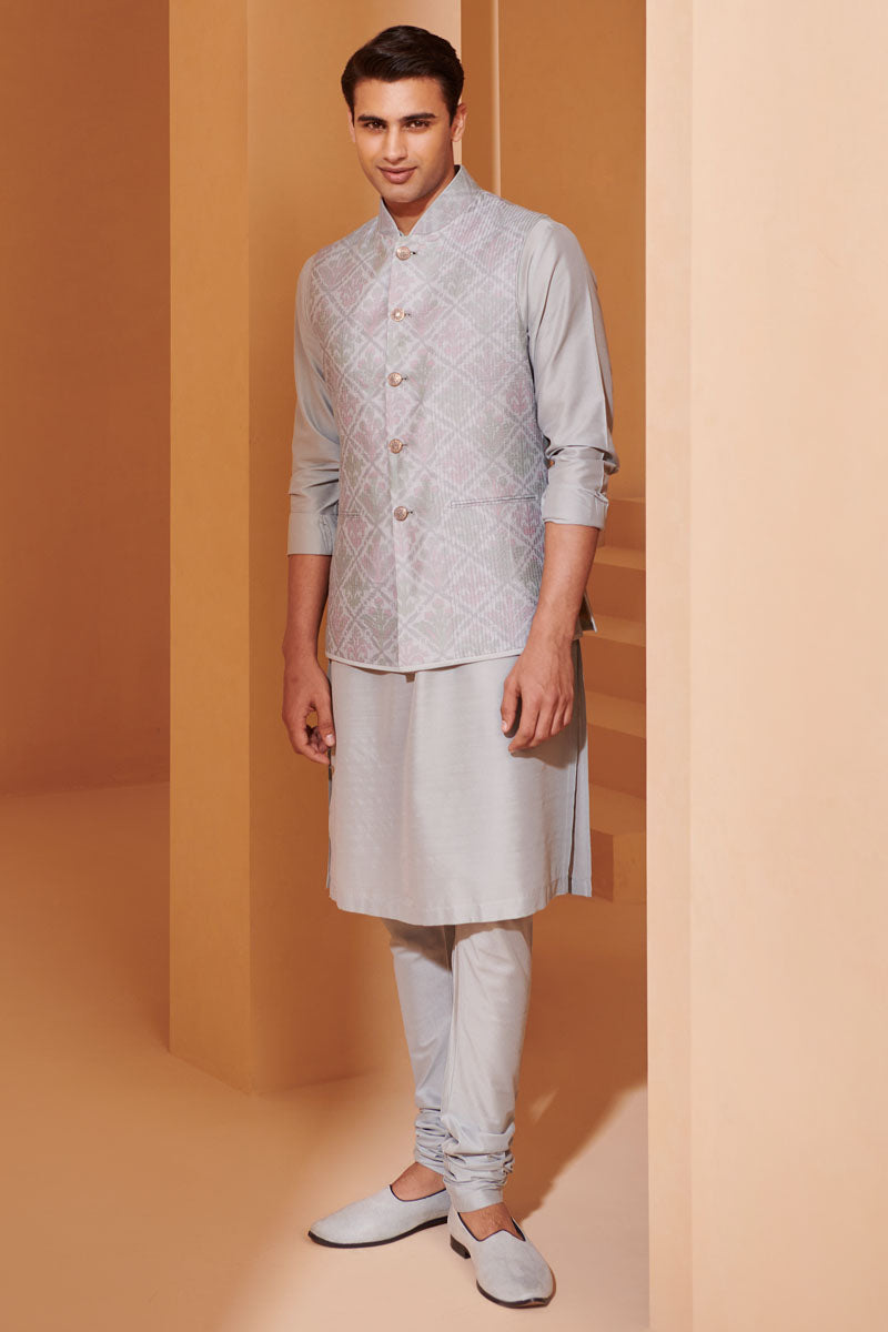 Grey Printed Kurta Bundi Set