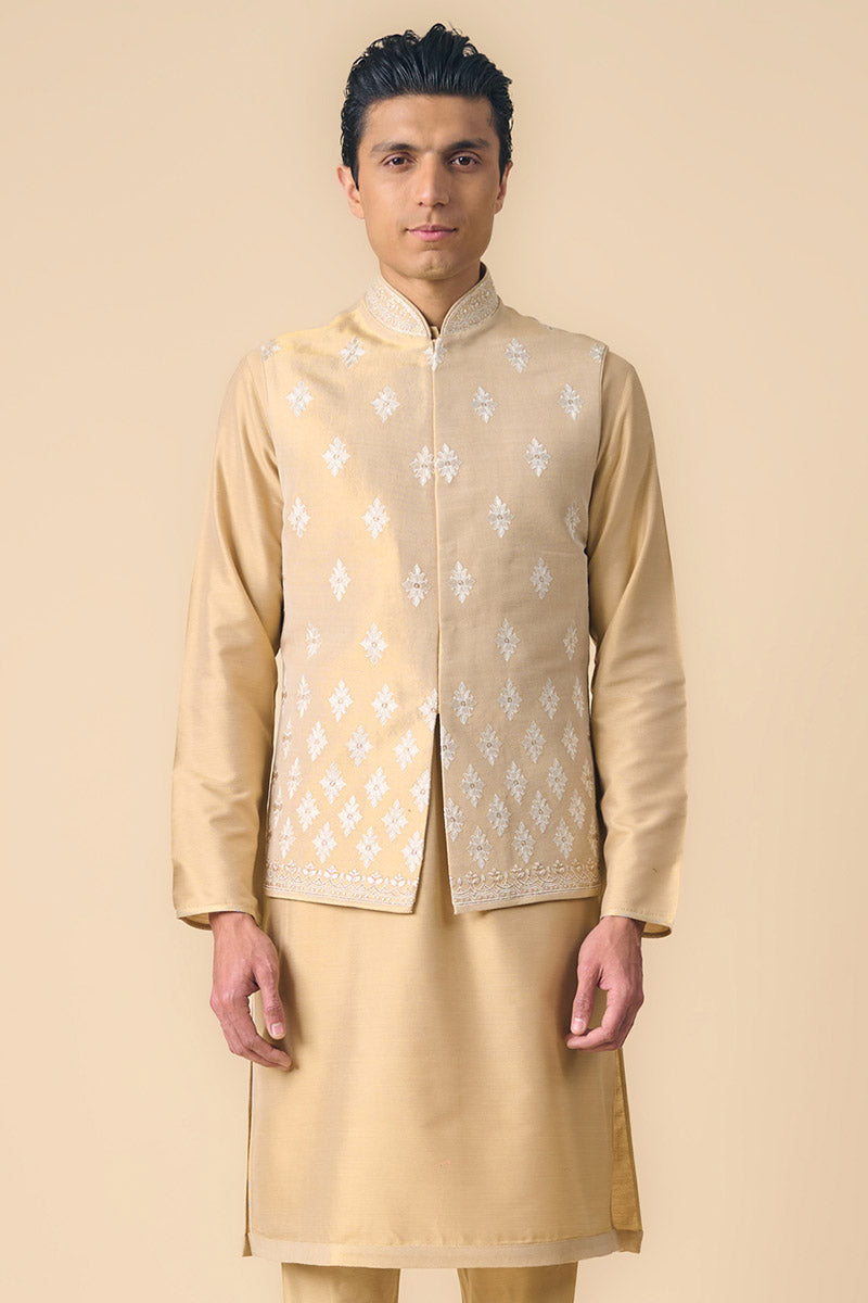 Gold All Over Embroidered Kurta Bundi Set