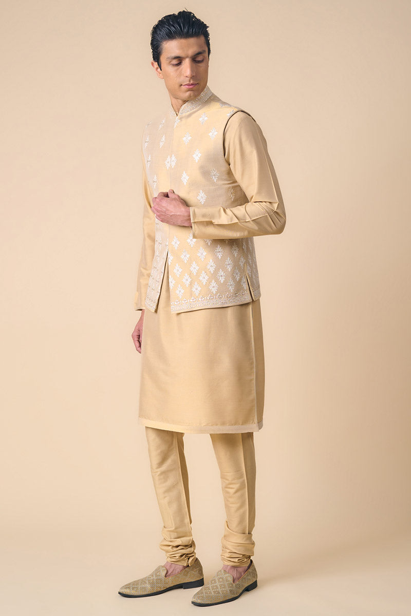 Gold All Over Embroidered Kurta Bundi Set