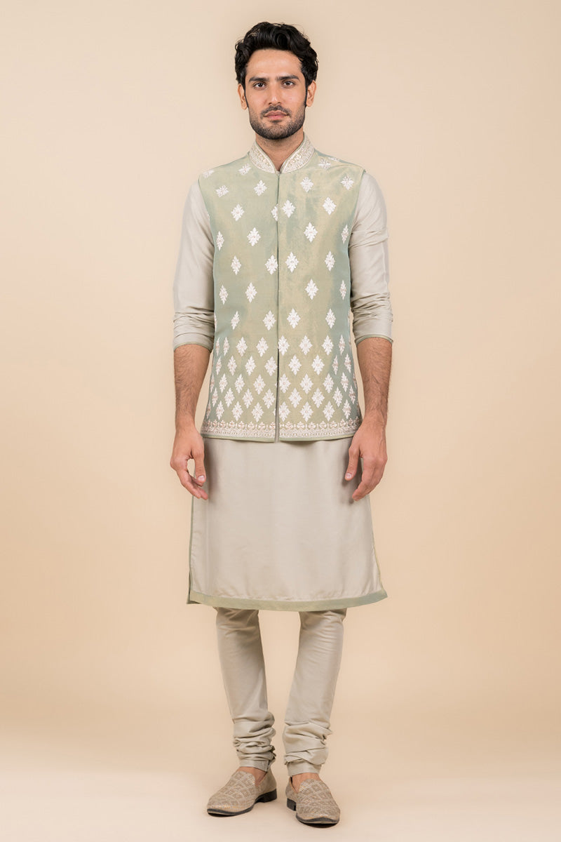 Light Green All Over Embroidered Kurta Bundi Set