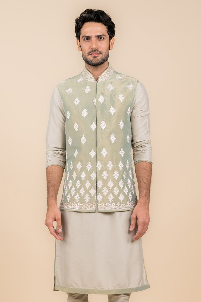 Light Green All Over Embroidered Kurta Bundi Set