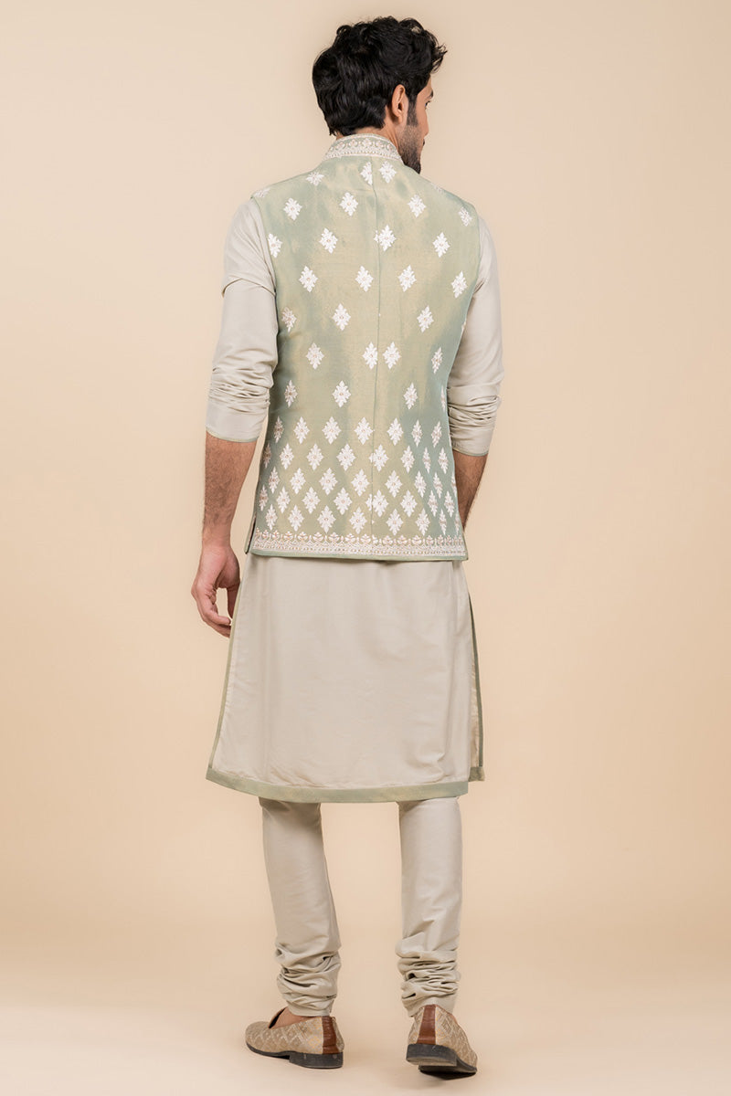 Light Green All Over Embroidered Kurta Bundi Set