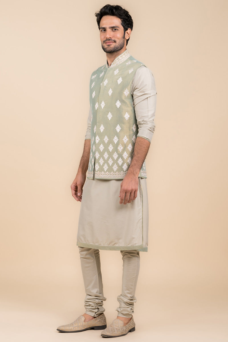 Light Green All Over Embroidered Kurta Bundi Set