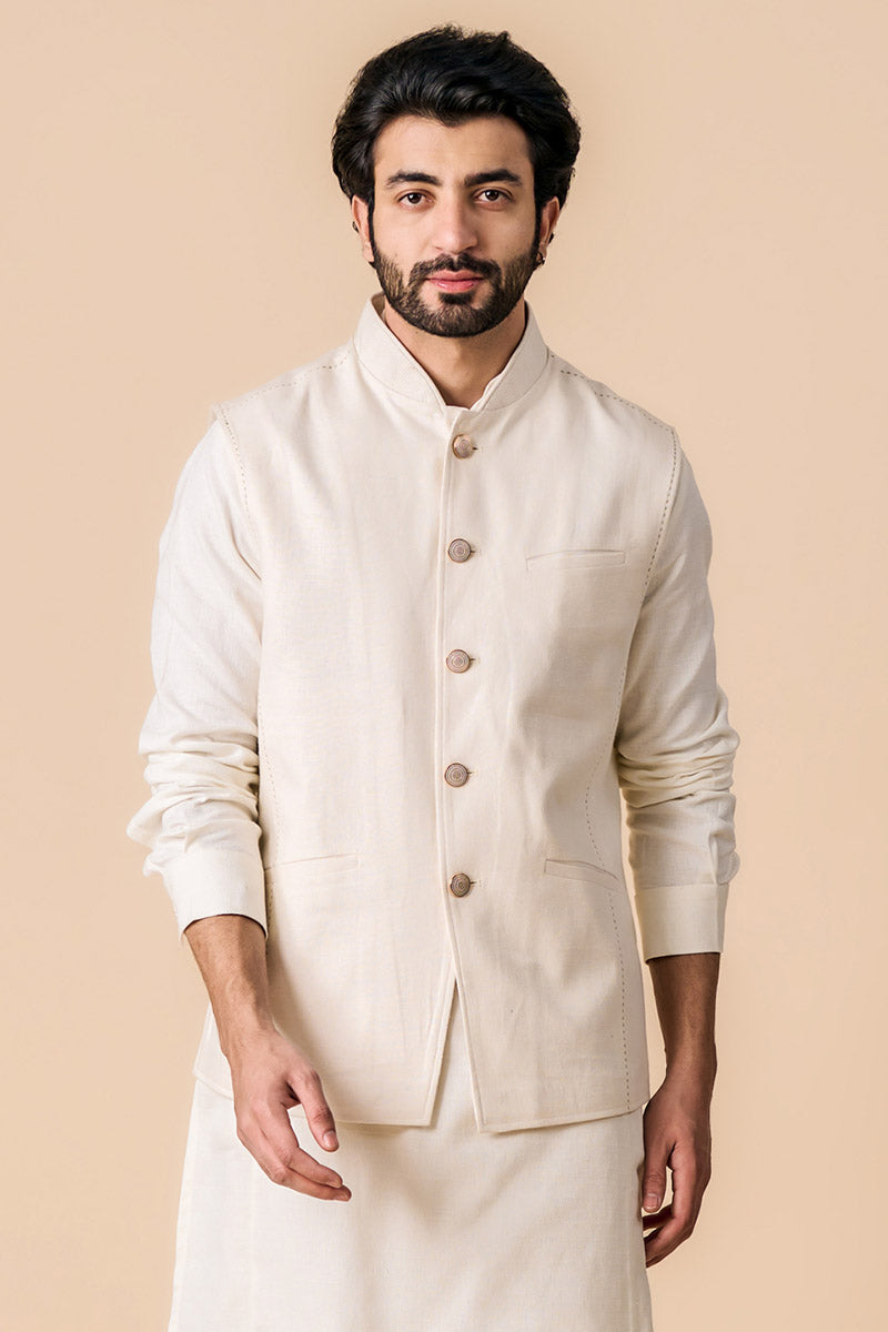 Ivory Linen Kurta Bundi Set