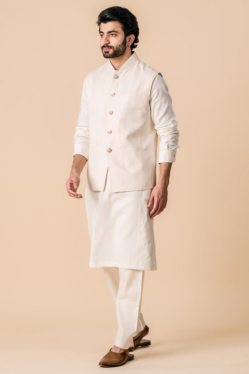 Ivory Linen Kurta Bundi Set