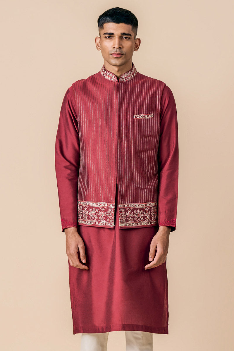 Wine All Over Zari Pintucked Kurta Bundi Set