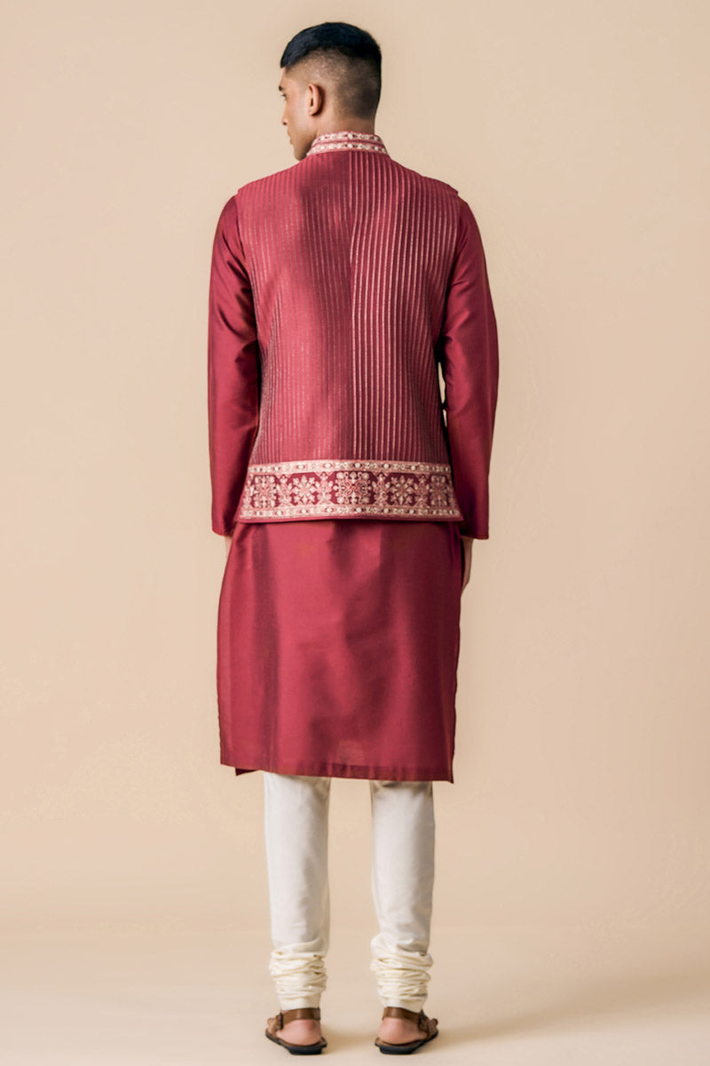 Wine All Over Zari Pintucked Kurta Bundi Set