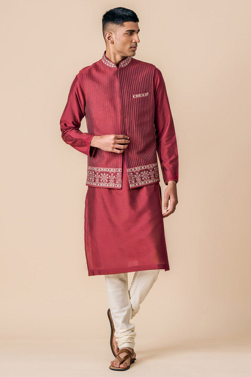 Wine All Over Zari Pintucked Kurta Bundi Set