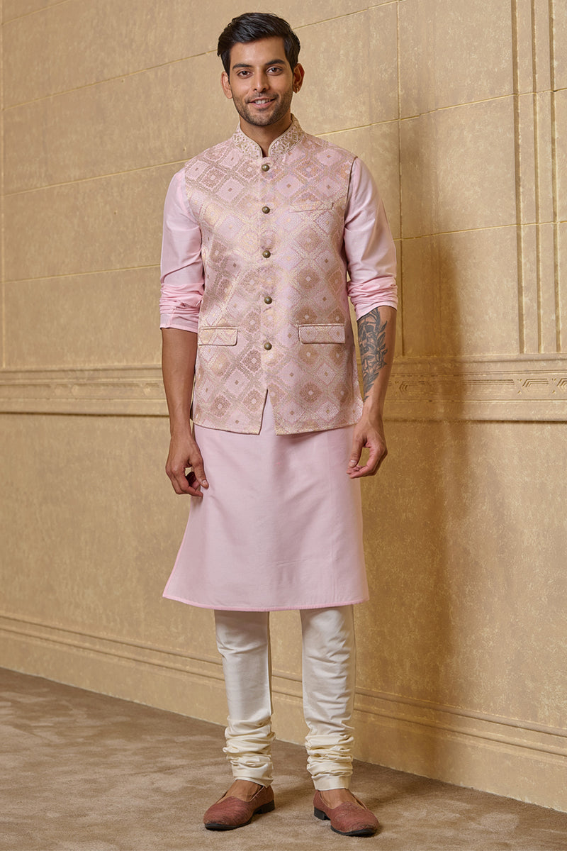 Pink Geometrical Brocade Kurta Bundi Set