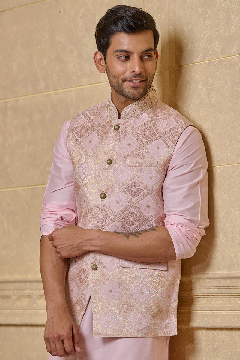 Pink Geometrical Brocade Kurta Bundi Set