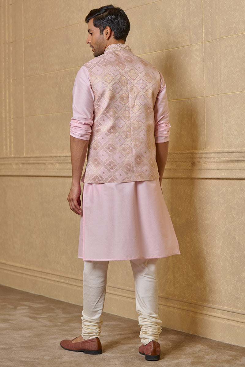 Pink Geometrical Brocade Kurta Bundi Set