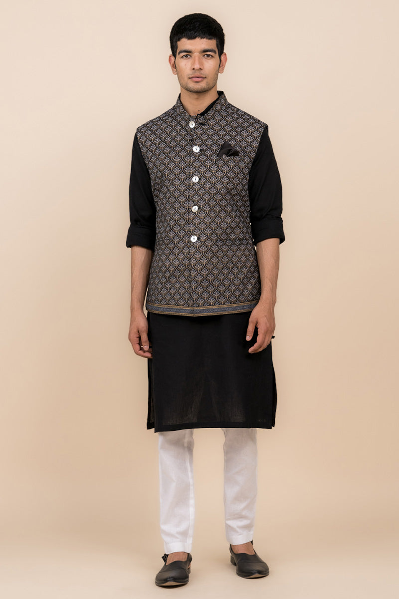 Black All Over Printed Kurta Bundi Set