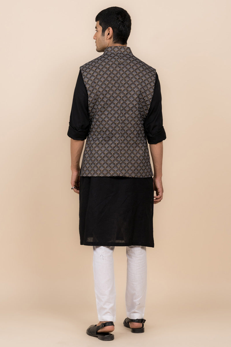 Black All Over Printed Kurta Bundi Set