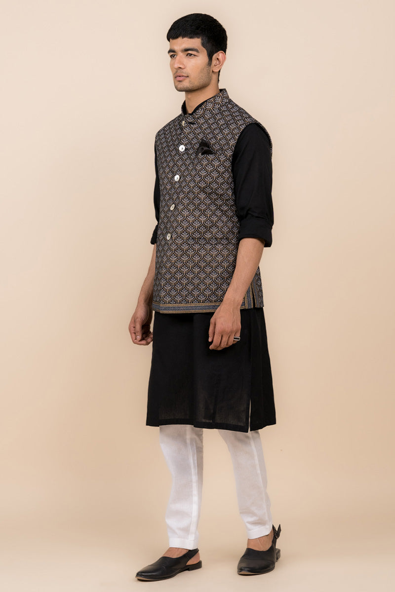 Black All Over Printed Kurta Bundi Set