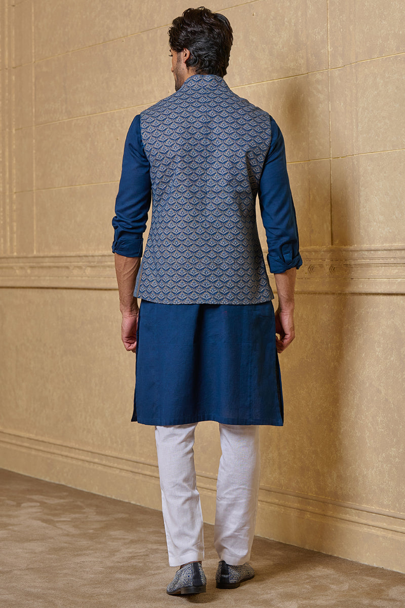 Blue All Over Printed Kurta Bundi Set