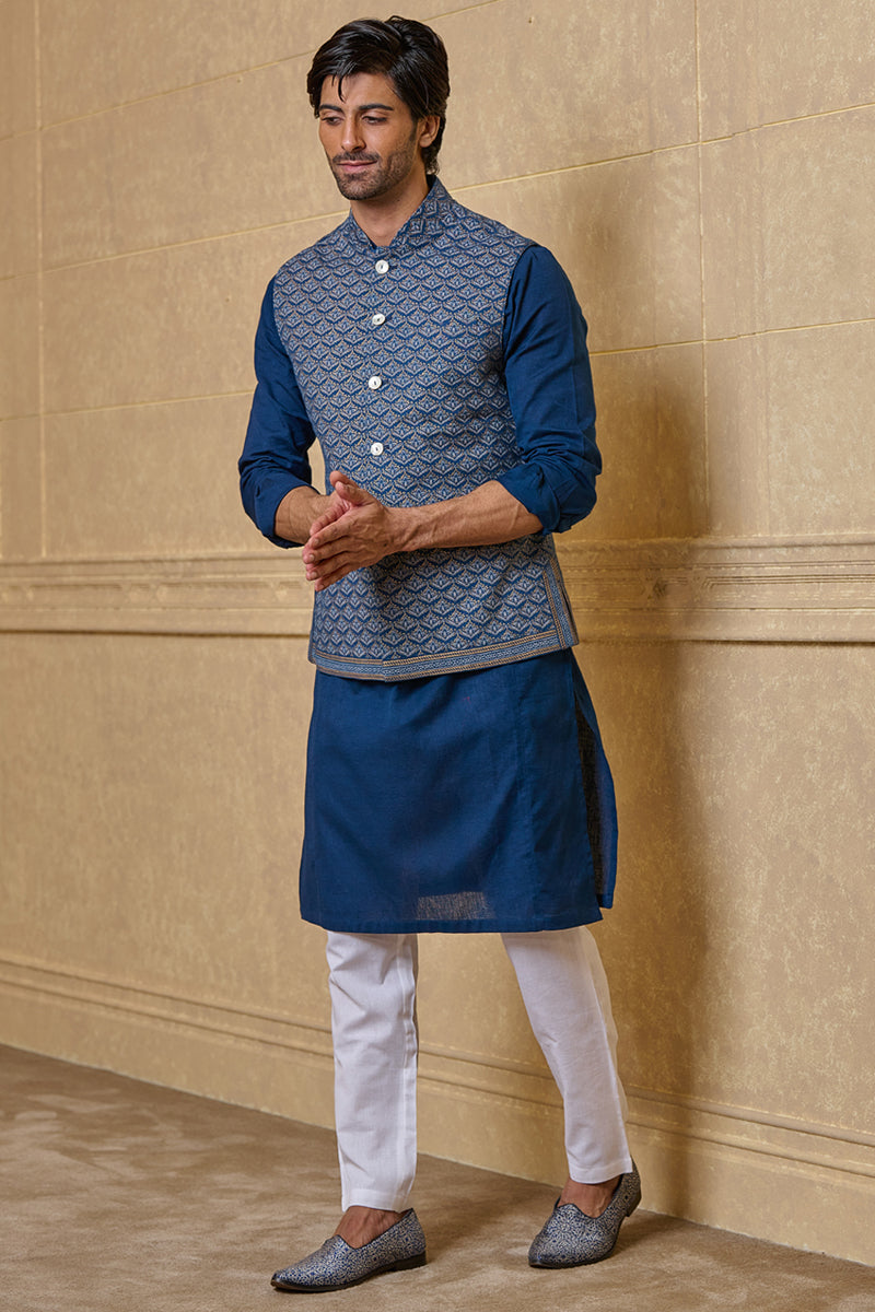 Blue All Over Printed Kurta Bundi Set