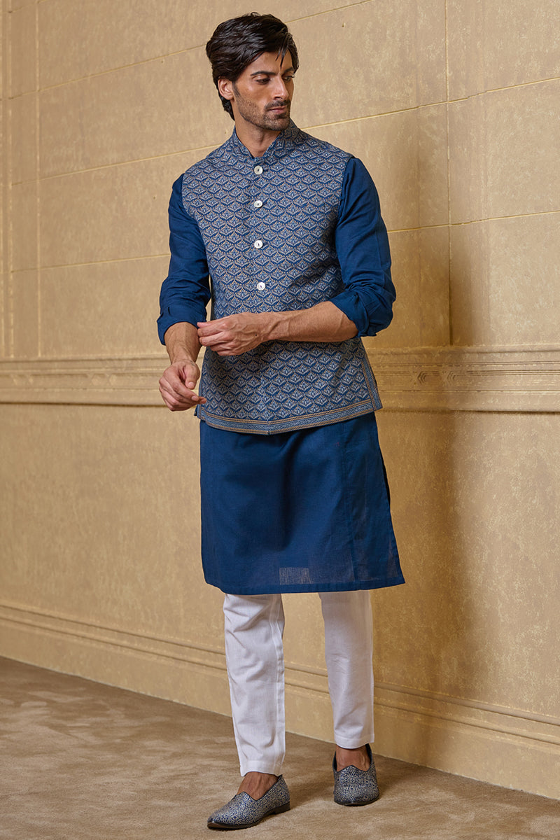 Blue All Over Printed Kurta Bundi Set