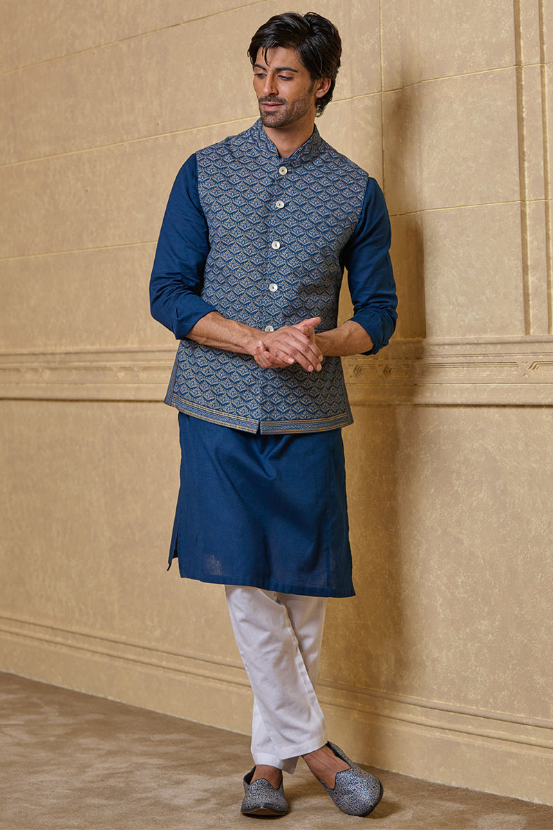 Blue All Over Printed Kurta Bundi Set