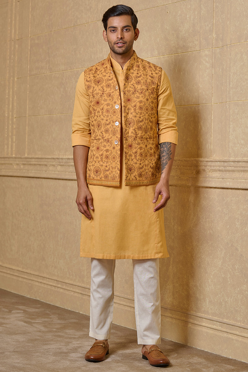 Yellow Ochre Cotton Floral Printed Kurta Bundi Set