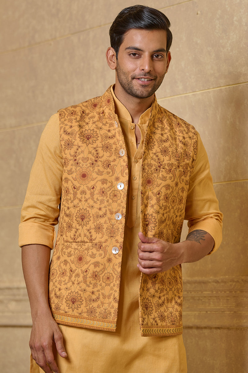 Yellow Ochre Cotton Floral Printed Kurta Bundi Set