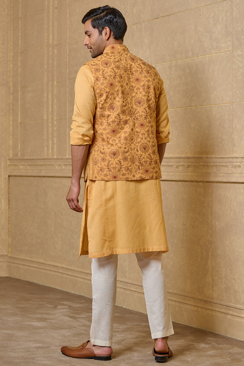 Yellow Ochre Cotton Floral Printed Kurta Bundi Set