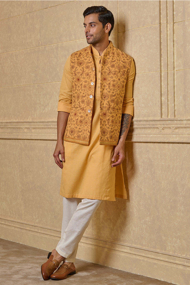 Yellow Ochre Cotton Floral Printed Kurta Bundi Set