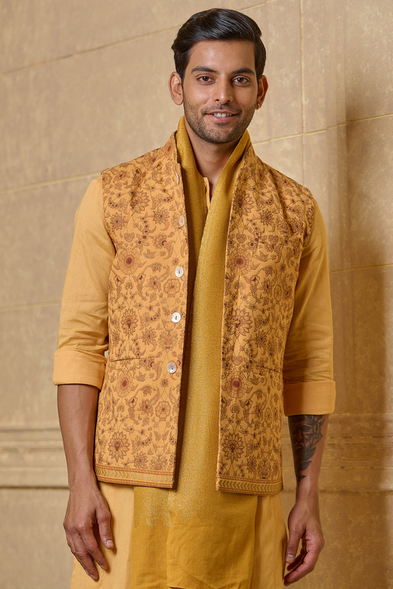 Yellow Ochre Cotton Floral Printed Kurta Bundi Set