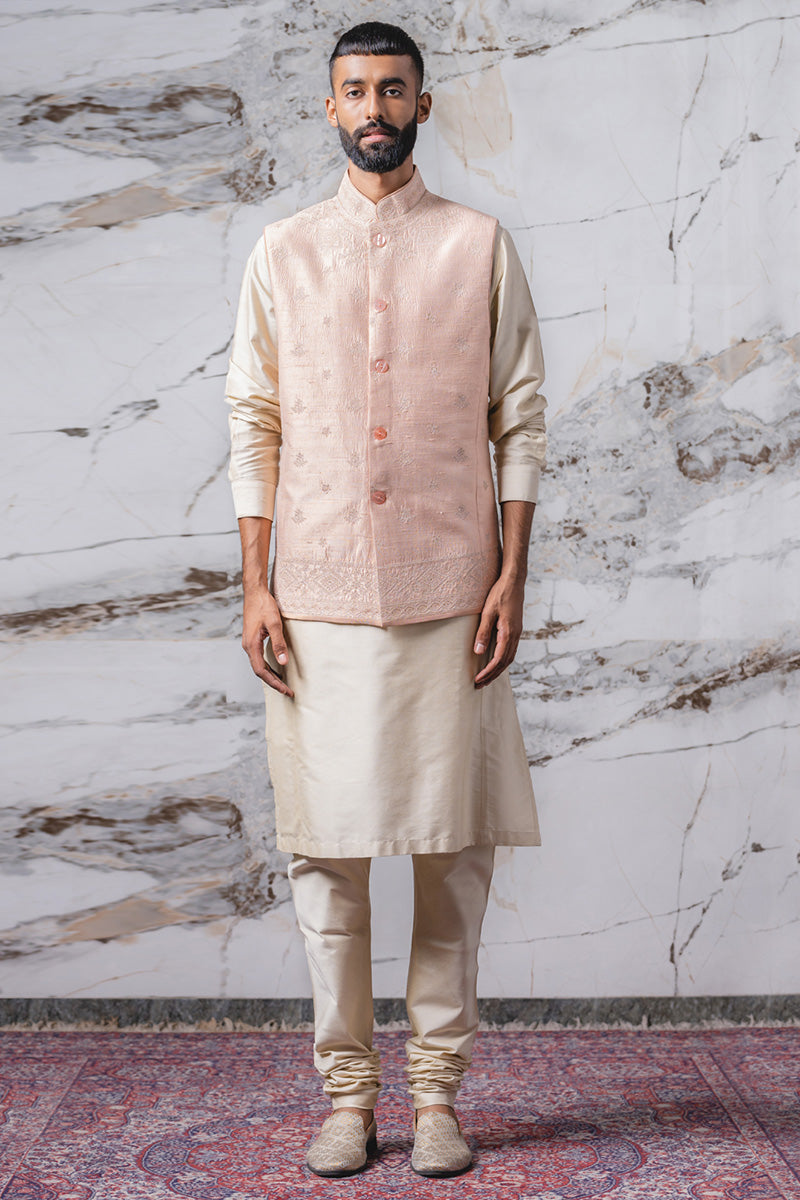 Peach All Over Dori Embroidered Kurta Bundi Set