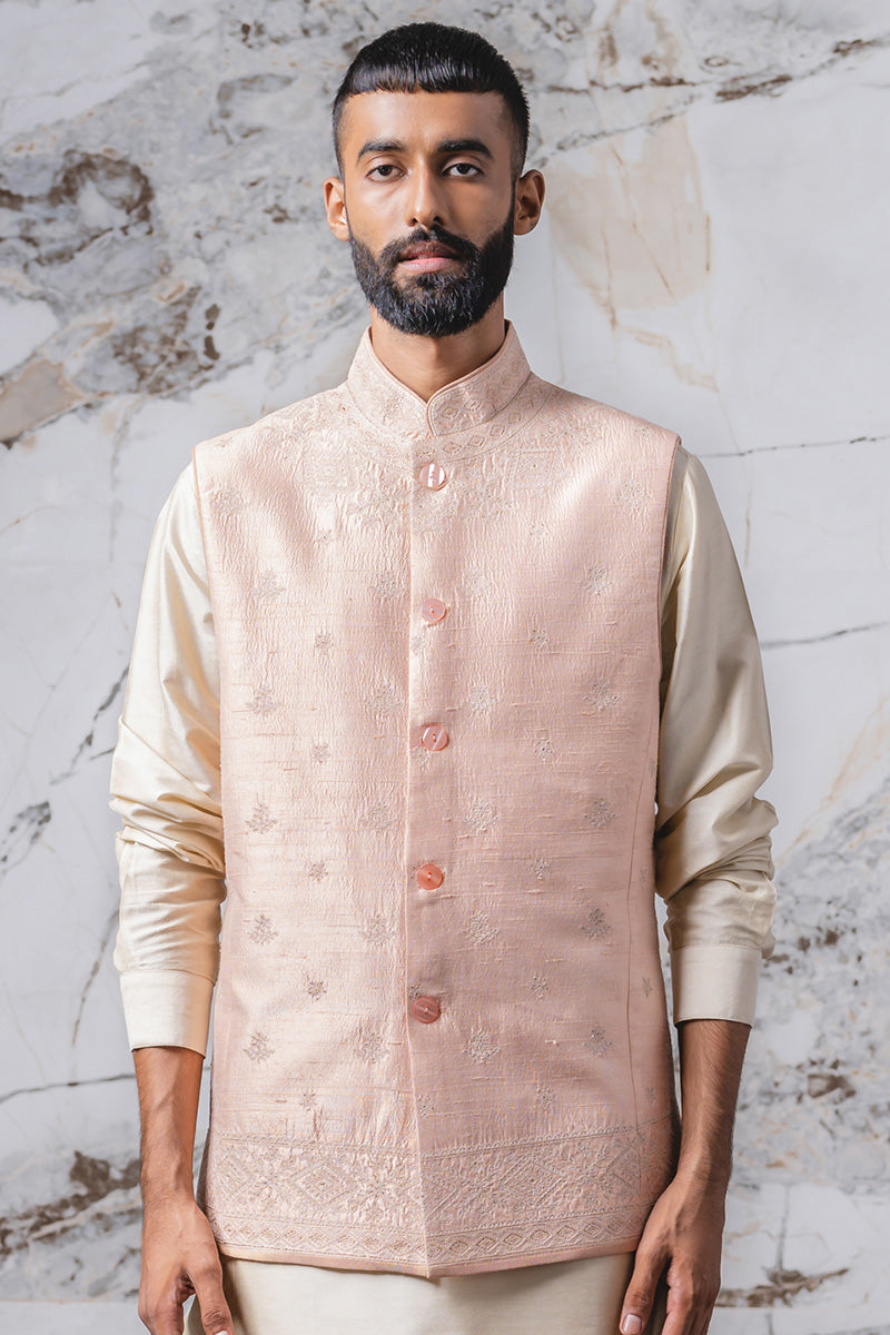 Peach All Over Dori Embroidered Kurta Bundi Set