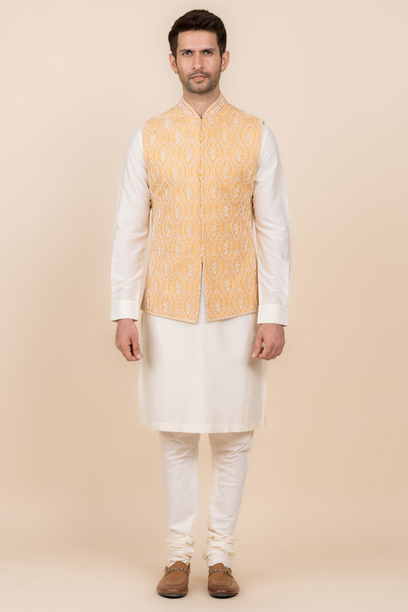 Yellow Pearl Embroidered Kurta Bundi Set