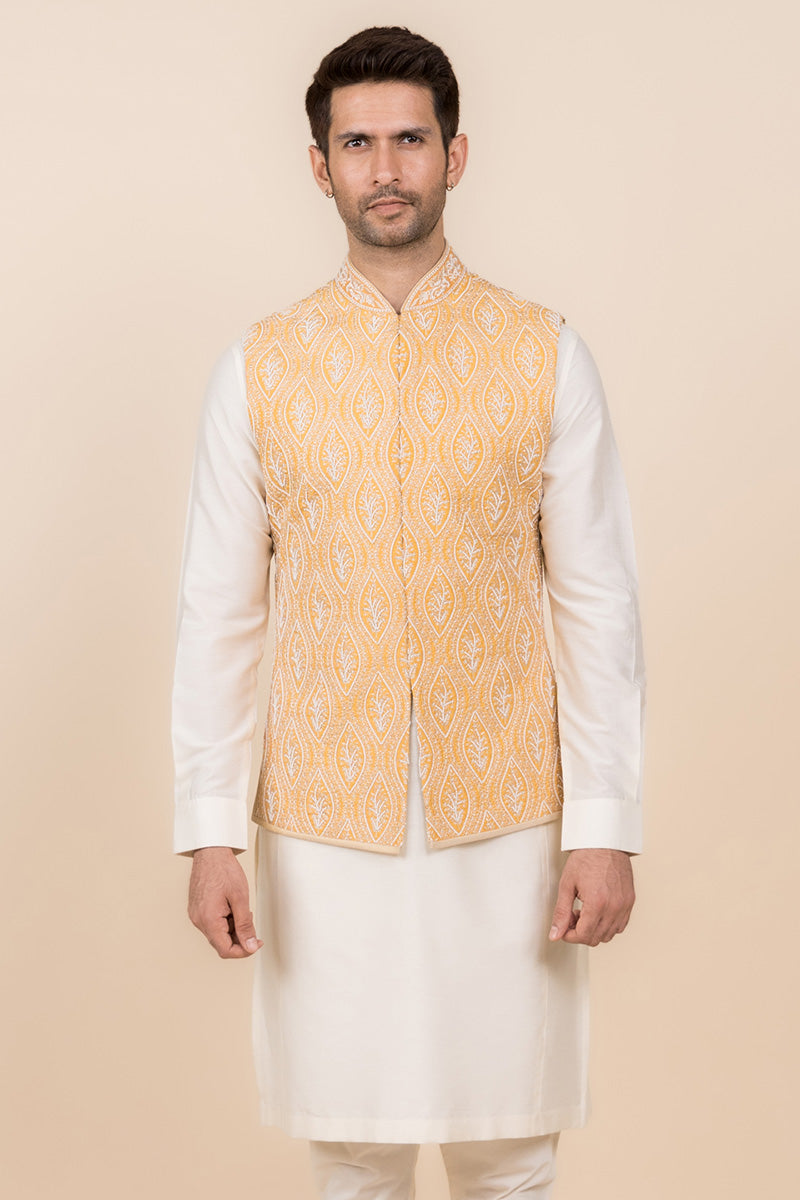 Yellow Pearl Embroidered Kurta Bundi Set