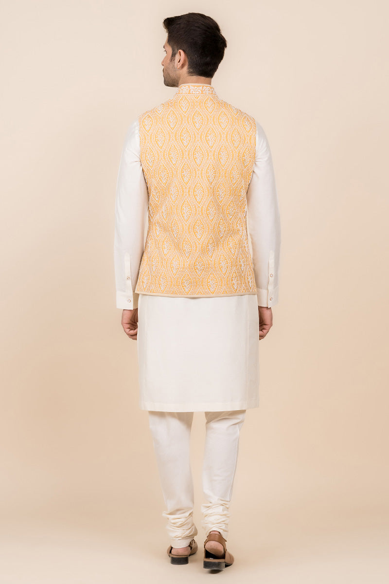 Yellow Pearl Embroidered Kurta Bundi Set