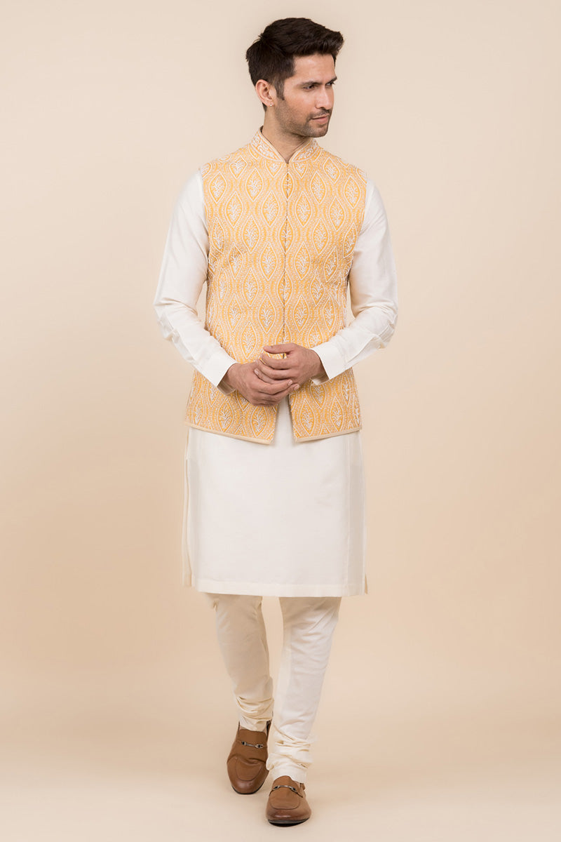 Yellow Pearl Embroidered Kurta Bundi Set