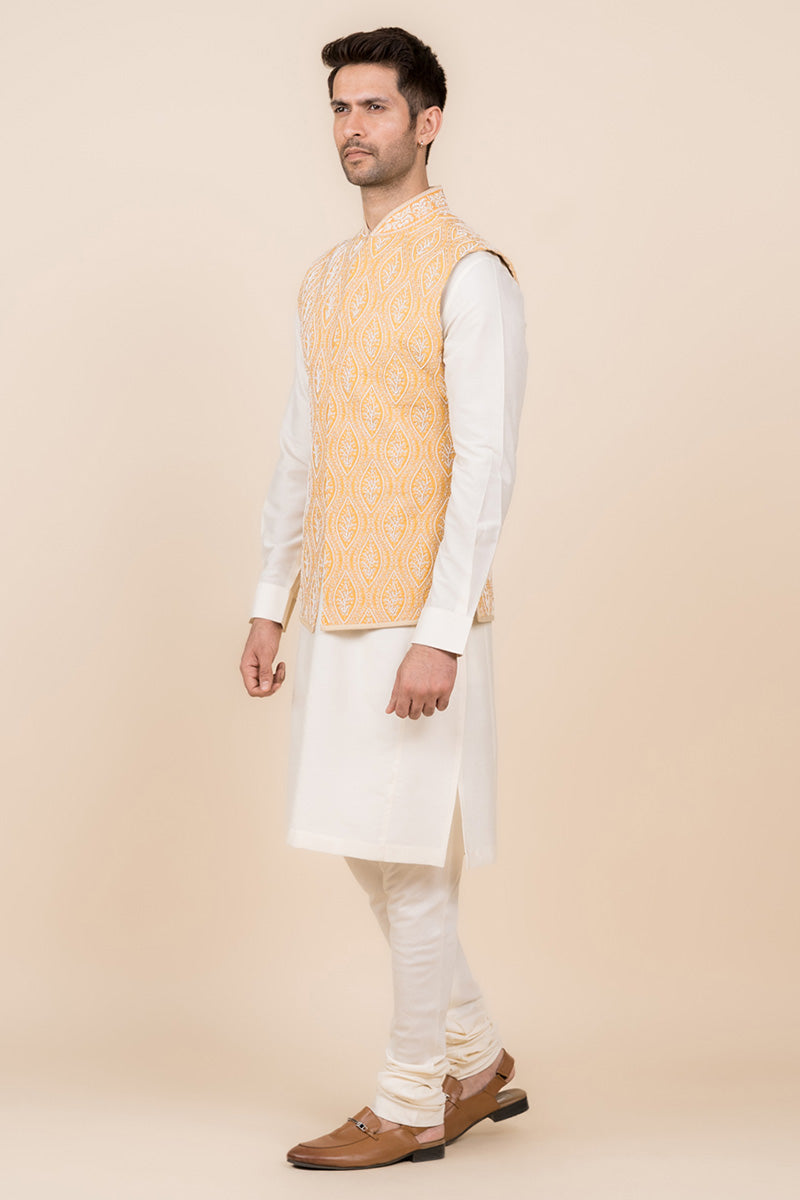 Yellow Pearl Embroidered Kurta Bundi Set