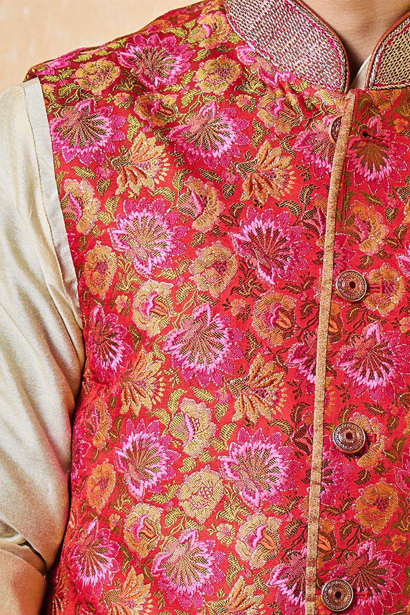 Red Floral Brocade Kurta Bundi Set