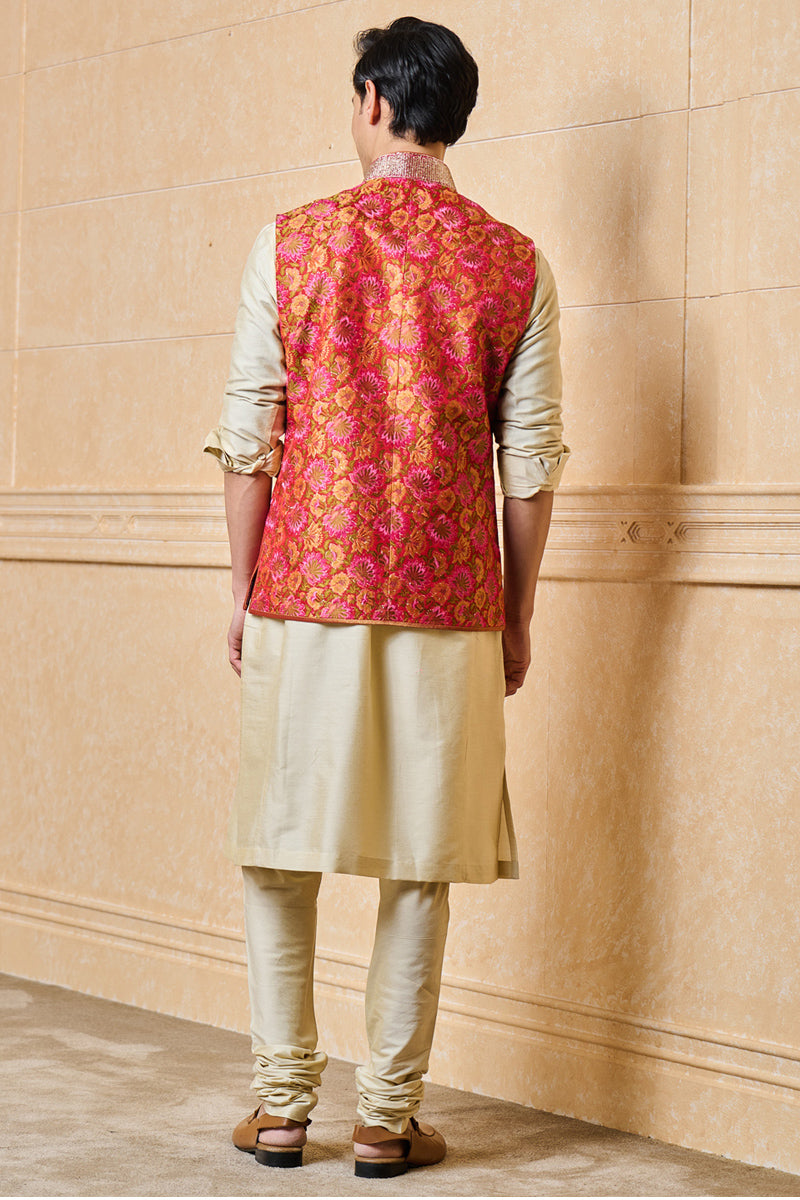 Red Floral Brocade Kurta Bundi Set