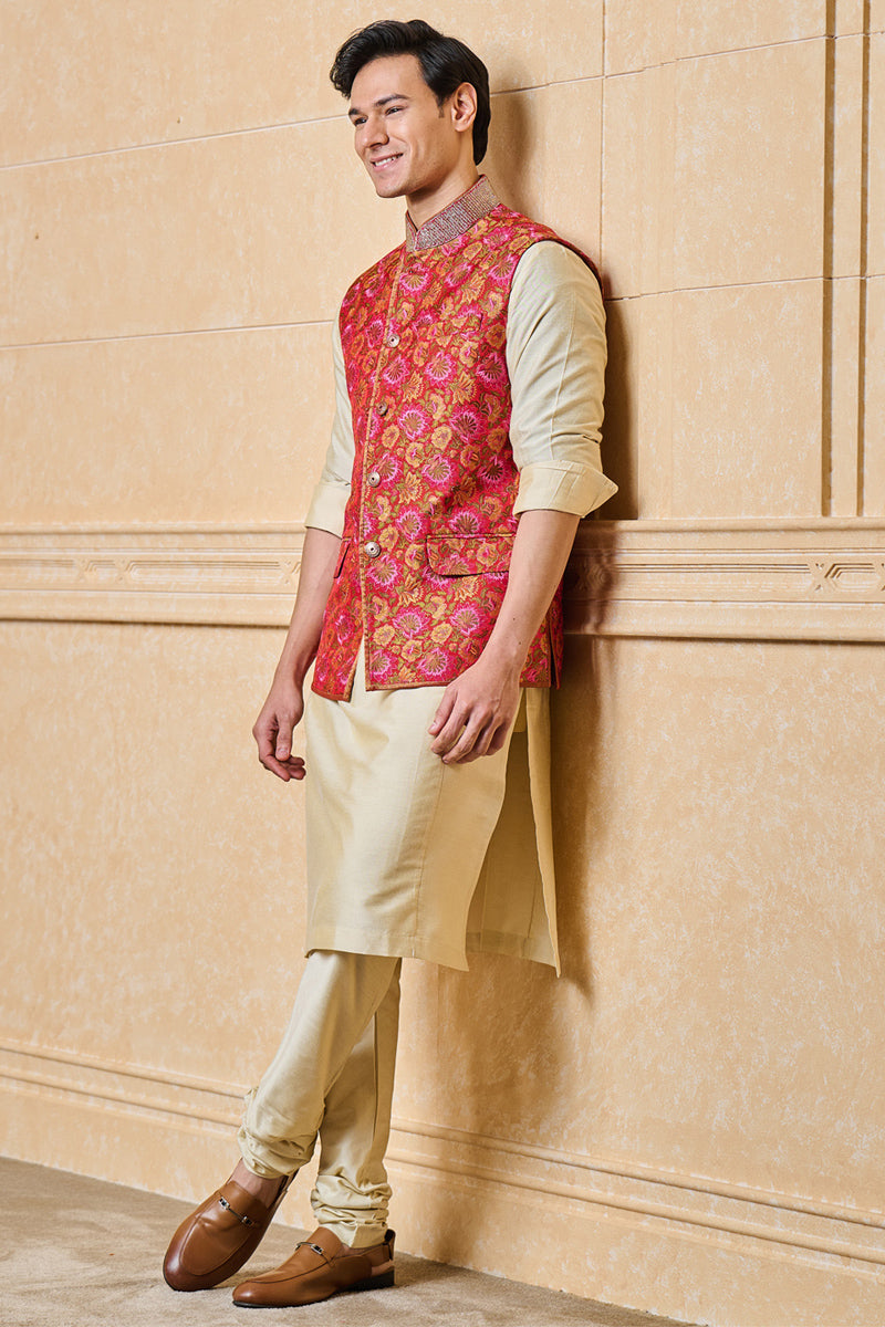 Red Floral Brocade Kurta Bundi Set