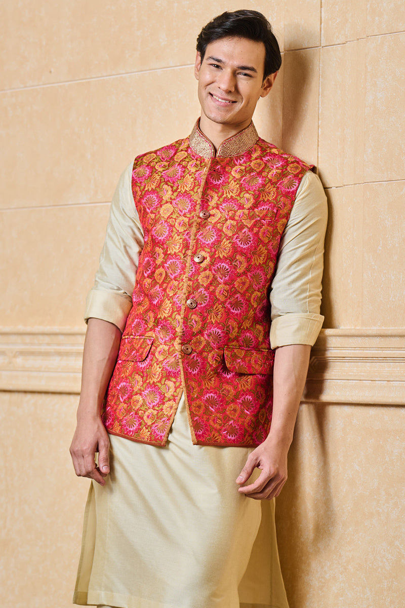 Red Floral Brocade Kurta Bundi Set