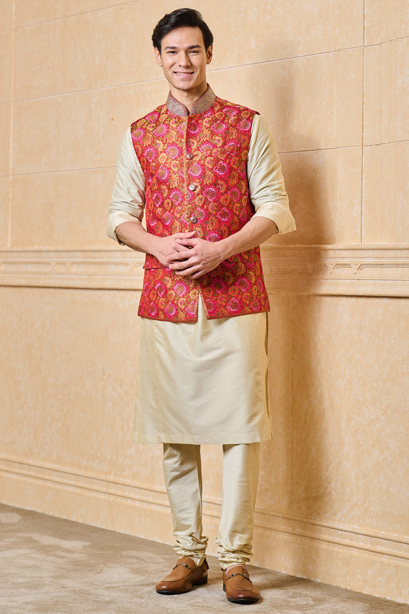 Red Floral Brocade Kurta Bundi Set