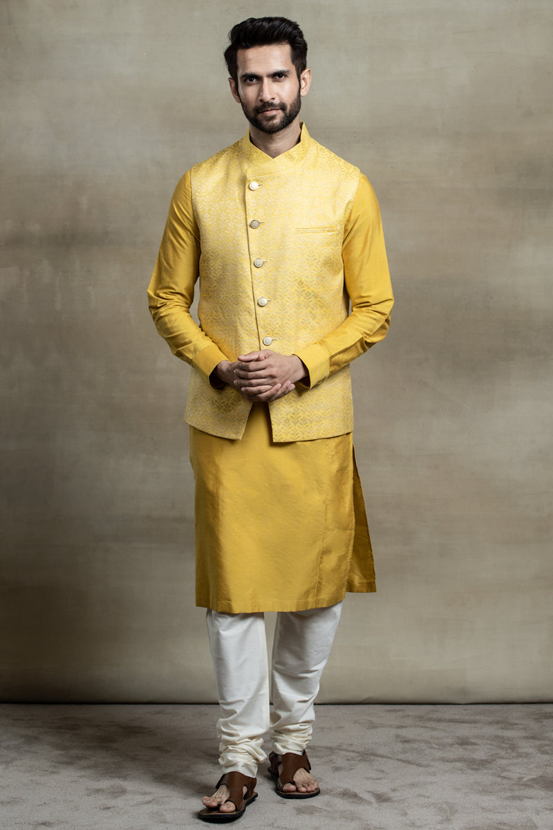 Yellow Asymmetric Jacquard Kurta Bundi Set