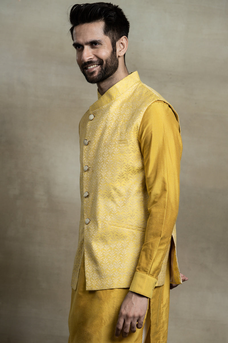 Yellow Asymmetric Jacquard Kurta Bundi Set