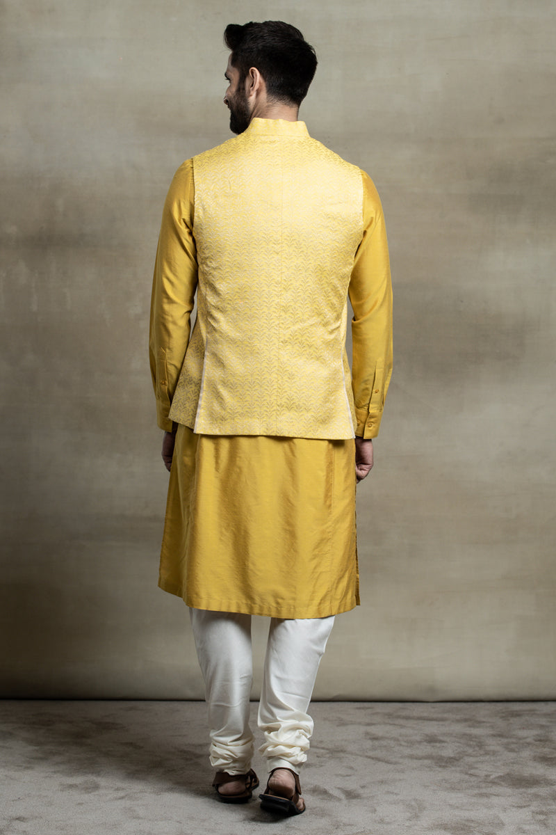 Yellow Asymmetric Jacquard Kurta Bundi Set